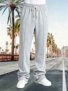 Men's Grey Loose Wide Leg Sweatpants, Casual Lounge Pants, Front Seam Design, Drawstring Waist, Side Pockets Sports Fall - Light Grey - View 2