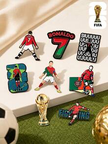 FIFA 8/4/1pc Cristiano Ronaldo Football Enamel Pin Set, World Cup Trophy Brooch Metal Badges For Backpack, Jacket, Lapel, Clothing, Soccer Fan Gift - Multicolor - View 1