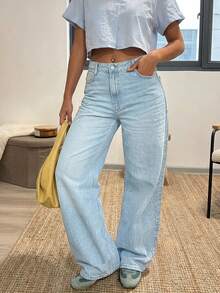 Women's Vintage Casual Stacked Loose Straight Leg Denim Jeans Fall - Light Wash - View 3
