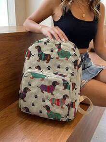 1 Piece Backpack, Women's Mini Backpack, Corduroy Girl School Bag, Travel Storage Bag, Puppy Printed Design, Large‑Capacity Foldable Easy‑To‑Store Bag, Lightweight & Pressure‑Relieving, Multi‑Pocket Layered Design With Zipper Closure - Paw Print Puppy 20899 - View 4