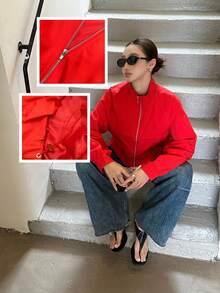 Plus Size Women's Casual Jacket, Red, Short Stand Collar, Commute, Vacation, Preppy Style, Loose Fit, Versatile Jacket - Red - View 5
