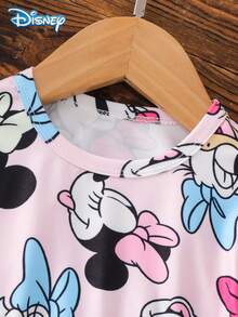 Disney Minnie & Mickey Big Head Print Pink Long Sleeve Dress For Baby Girls, Spring/Autumn, Cartoon Pattern, Slightly Elastic Knit, Round Neck, Suitable For Baby Girl Daily Wear, Great Gift - Pink - View 4