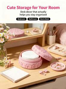 1pc 3D Embossed Cherry Blossom Cotton Pad Storage Box With Dust Cover, Cute Aesthetic Makeup Organizer, Desktop Sponge Jewelry Storage Box - Multicolor - View 5