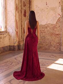 ADYCE Elegant Spaghetti Strap Jacquard Fabric Pleated Boning High-Waist Long Ribbon High-Slit Backless Tie Floor-Length Evening Gown For Prom Wedding - Burgundy - View 2