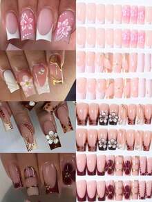 24 Pcs 3D Stereoscopic Gel Nails, Can Create Flower Nail Art, Decorated With Imitation Pearls, Square French Tips, Rectangular Perfect Fit Acrylic False Nail Set - Multicolor - View 2
