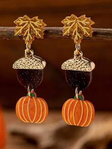 1 Pair Thanksgiving Pumpkin Maple Leaf Acorn Autumn Versatile Acrylic Earrings - Brown - View 3