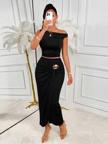 AIJ Elegant Black Long Slim Fit Slit Skirt, Wrap Front Design, Gold Button Accents, Elastic Fabric, Suitable For Daily, Commute, Outing, Party, Street, Holiday Occasions - Black - View 7