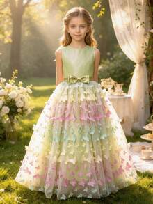 Tween Girl Green Princess Backless Colorful Butterfly Dress, Teens Flower Girl Wedding Party Formal Gown - Green - View 10