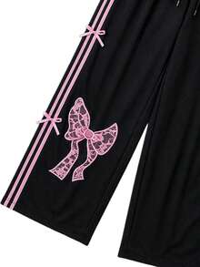 Sweet Gothic Style Lace Bow Print Wide Leg Pants, Elastic Waist Drawstring Design, Pink Side Stripe, Loose Streetwear Long Pants - Black - View 6