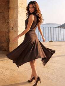 Women Brown Mock Neck Sleeveless Two Pieces Set, Ruched Waistband Asymmetrical High Low Hem Flowy Skirt Outfit- - Brown - View 2
