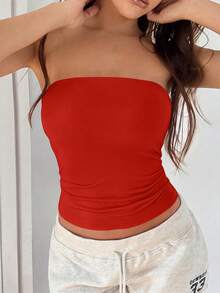 GLAMSKIN Damen Sexy Trägerloses Top, Sommer/Herbst Lässig Doppellagig Slim Fit Basic Camisole, Schulanfang, Streetwear und Strandurlaub Rot - Rot - Übersicht 2