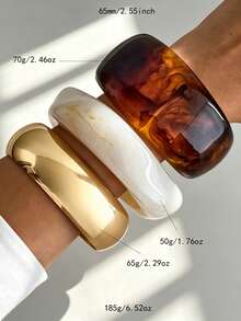 GNIT 3pcs/1pc Y2k Exaggerated Asymmetrical Resin Semi-Transparent Bracelet Set For Women, Versatile - Timi + Twisted Rice + Golden Wide Round - View 3