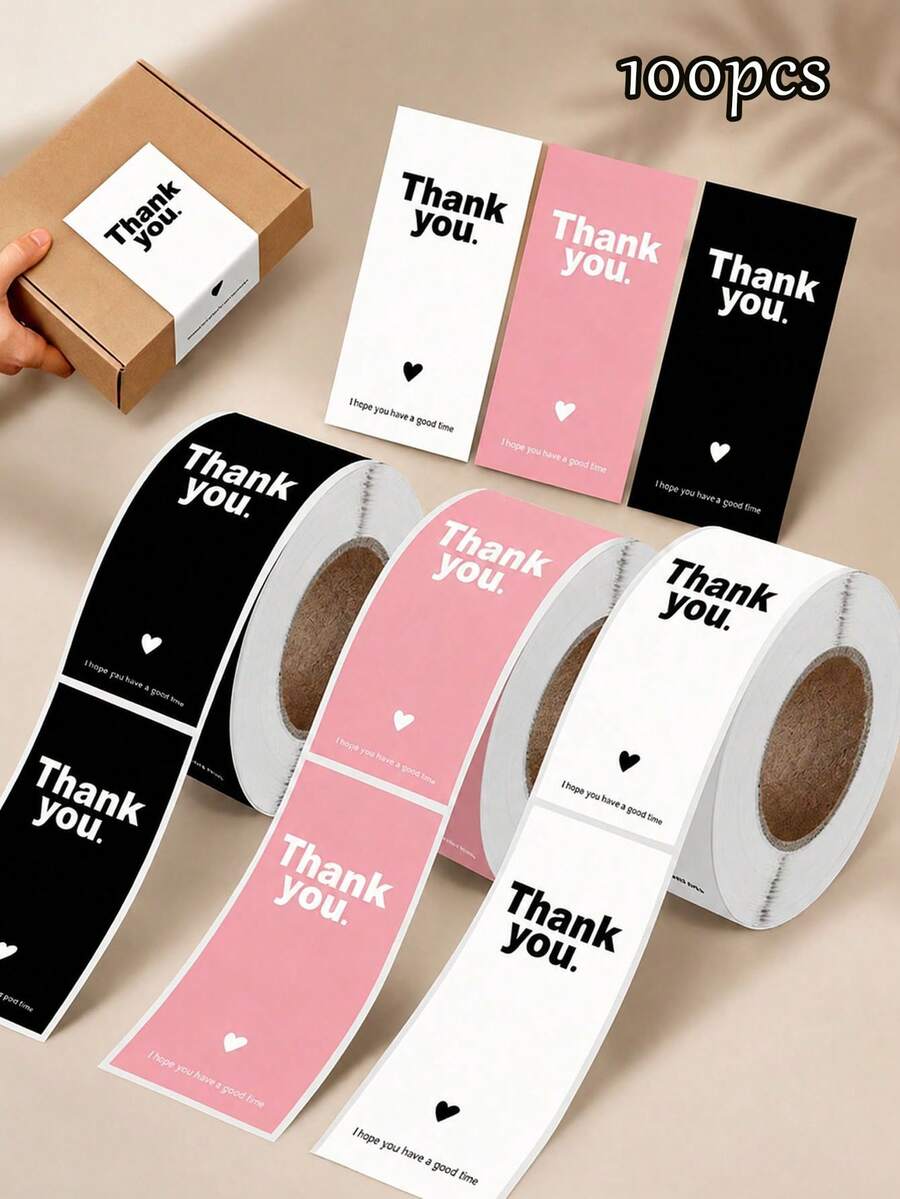 Pink Thank You Stickers | Rectangular Sealing Labels For Gift Packaging, Decorative Labels For Gift Boxes And Baking Boxes, Glossy Paper, Disposable - A - View 1