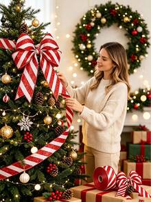 Red And White Diagonal Stripe Ribbon, Christmas Packaging Craft Decorative Ribbon, Wreath Bows, Holiday Party Decoration, Suitable For Gift Wrapping, Holiday Decor - Multicolor - View 2