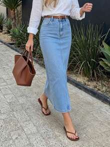 Light Blue Washed Mid-To-High Waist Denim Skirt For Women, Vintage Bodycon Mid-Length Slim Fit Commuter Versatile Denim Skirt, Belt Not Included - Medium Wash - View 6