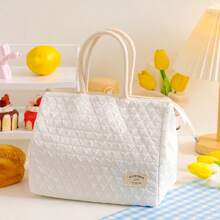 1pc Quilted Insulated Lunch Tote Bag, Portable Zippered Food Storage Handbag - View 8