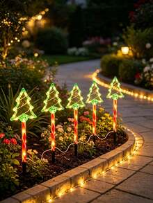 1Set(5Pcs) Green Solar Christmas Tree Stake Lights, LED Candy Cane Ground Plug Lamps, Waterproof Outdoor Pathway Landscape Lights For Yard Lawn Patio Xmas Holiday Decor - Multicolor - View 3
