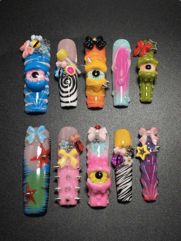 10pcs 4.5cm Handmade Coffin Shaped Fake Nails, 3D Bow Lollipop Star French Design Acrylic Press-On Nails With Steel Ball Eye Decor, Cute Nail Art Stickers, Suitable For Women Girls Valentine's Day Party Daily Nail Care