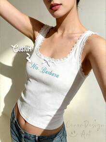 Personalized Embroidered Lace Tank Top, Custom Embroidery Modal Tank Bridal Shower Gift, Engagement Gift Bachelorette Party, New Mrs. Tank - Multicolor - View 1