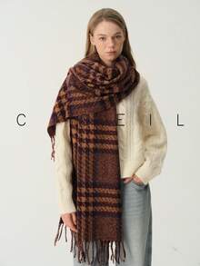 1pc Women's Fashion Versatile Plaid Multicolor Patchwork Polyester Scarf, Warm For Autumn/Winter, Daily Wear - Blue Camel - View 6