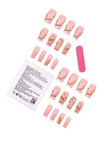 24pcs Long Square Press-On Nails, Nude Pink Base With Gold Metallic Line Border, Transparent 3D Flower And Tiny Pearl Decor, Reusable Fake Nails, Suitable For Wedding And Party Wear - Multicolor - View 4