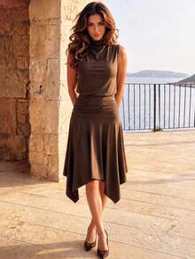 Women Brown Mock Neck Sleeveless Two Pieces Set, Ruched Waistband Asymmetrical High Low Hem Flowy Skirt Outfit- - Brown - View 3