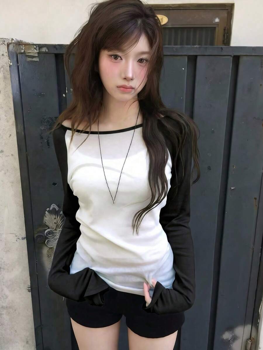 拼接撞色落肩袖透視長袖修身休閒上衣 - 黑色 - 查看 1