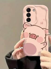 1pc Creamy Big Wave Ins Shockproof Anti-Drop Protective Phone Case, Cute Peeking Pig Phone Shell, Cartoon High Pink Pig Star Print Soft TPU Shockproof Protective Phone Case, Compatible With Android Devices Anti-Drop Protective Shell Compatible With Samsung, Series Phones - White - View 2