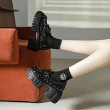 Punk Style Rivet Bow Thick Sole Loafers Women Glossy Chunky Heel Height-Increasing Retro Commute Shoes - Black - View 7