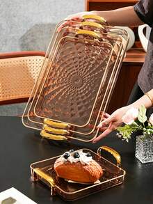Tray, Gold Thickened Transparent PET Rectangular Tray With Handles, Plastic Storage Tray, Suitable For Tea Cups, Water Cups, Gold Rim Style - Amber - View 5