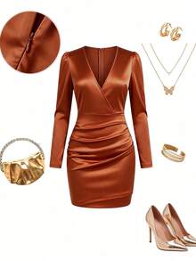 Women's Autumn Elegant Sexy Deep V-Neck Satin Fitted Mini Dress, Long Sleeve, Ruched Bust, Pleated Detail, Suitable For Party, Daily, Outing, Commute, Holiday, Halloween Occasions - Reddish-brown - View 2