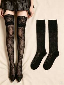1/2 Pairs Vintage Rose Pattern Thigh-High Stockings, Sheer Lace Mesh. Gothic High Elastic Over-Knee Socks For Cosplay & Party. - Multicolor - View 7