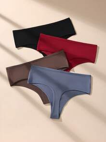 4pcs Plus Size Solid Color High Waist Cotton Women's Thong Panties, Casual And Comfortable - Multicolor - View 2
