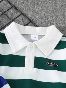 Autumn/Winter Boys' Letter Print Striped Polo Collar Long Sleeve Top - Multicolor - View 3