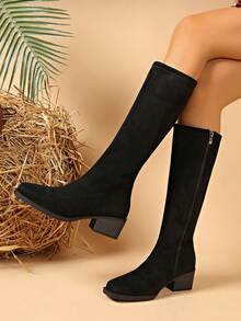 Women's New Autumn/Winter Fashion Knee-High Boots With Side Zipper, Soft Elastic Material, Leg-Flattering Western Style, Chunky Heel, Square Toe, Comfortable Classic Boots For Holiday Parties And Outdoor - Black - View 1