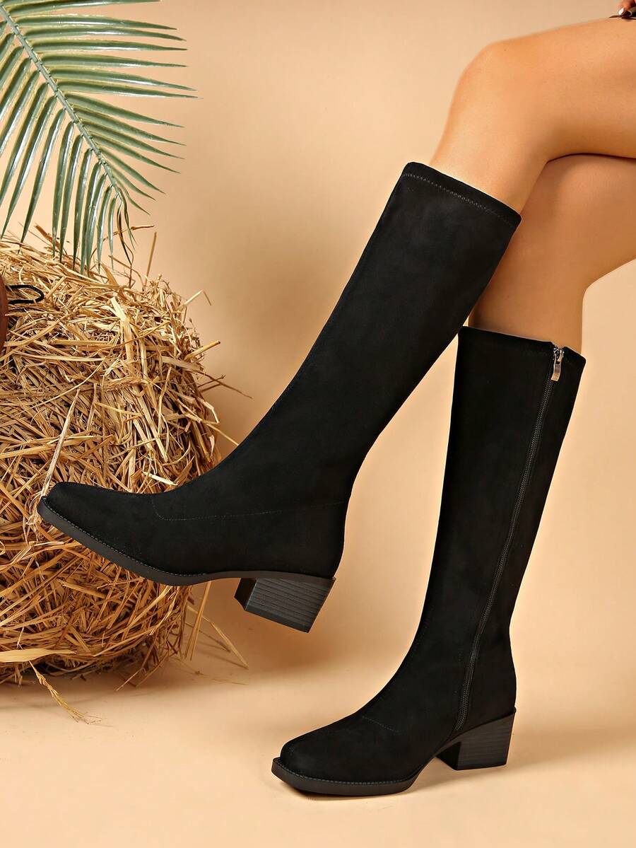 Women's New Autumn/Winter Fashion Knee-High Boots With Side Zipper, Soft Elastic Material, Leg-Flattering Western Style, Chunky Heel, Square Toe, Comfortable Classic Boots For Holiday Parties And Outdoor - Black - View 1