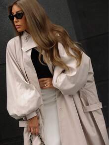 Women's Solid Color Lantern Sleeve Loose Button Pocket Trench Coat Jacket - Apricot - View 6