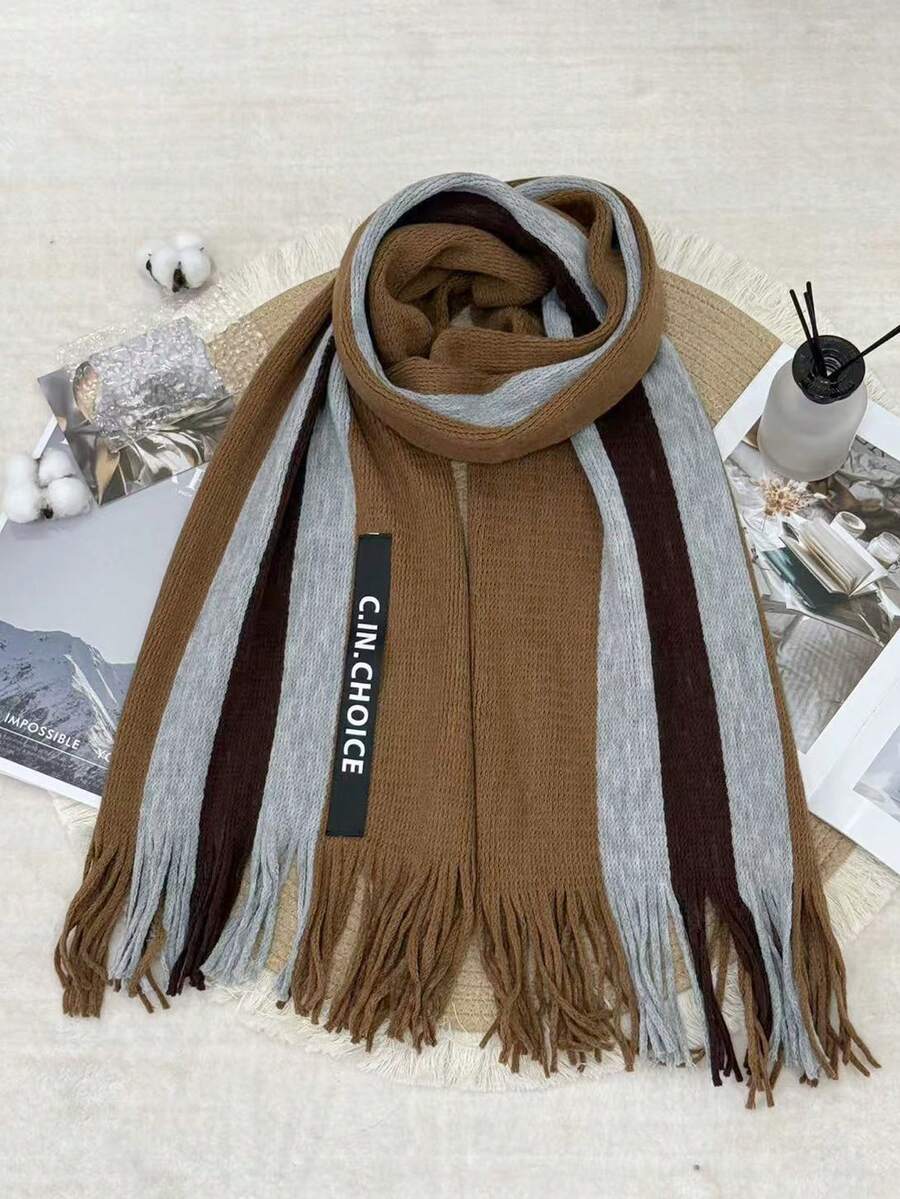Women's Autumn/Winter Contrast Color Striped Tassel Scarf, Korean Style Atmosphere Knit Warm Oversized Scarf, Versatile Shawl For Students - Caramel - View 1