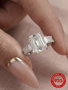 1pc 7ct Emerald Cut Moissanite Engagement Ring, Gold Plated Three-Stone Rectangular Side Stone Wedding Promise Ring, Suitable For Women Bride Jewelry - Style A-white - View 9