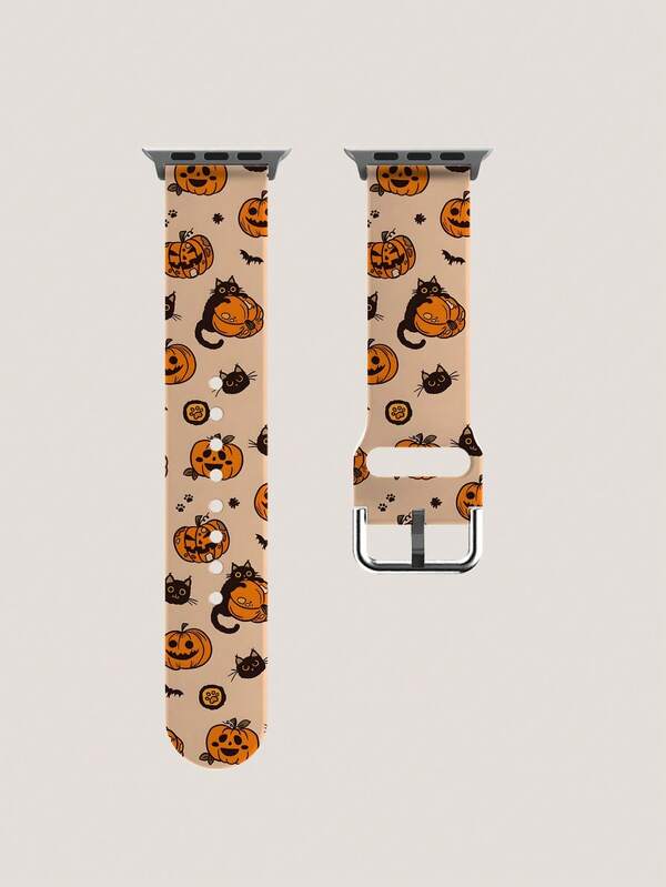 1pc Soft Elastic Breathable Comfortable Wristband Replacement Strap With Black Cat And Pumpkin Pattern, Suitable For Apple Watch 38mm 40mm 41mm 45mm 44mm 46mm 42mm 49mm, Unisex Cute Fashion Halloween Holiday Matching Strap, Compatible With Apple Watch Ultra Series S11/S10/SE/9/8/7/6/5/4/3/2/1 Smart Watch Band Accessories
