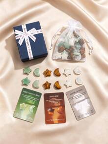 Natural Carved Star Moon Crystal Stone Set, Mixed Gemstone Decor With Gift Box Organza Bag & Info Cards, Home Ornament Collection Gift For Women - Multicolor - View 1
