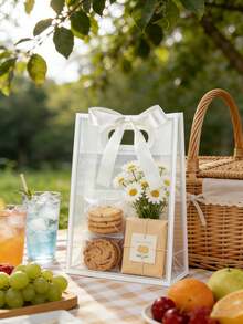 12-Packs Clear Gift Bags With White Trim And Satin Ribbon Bows; Reusable PVC Tote Bag For Weddings, Bridal Showers, Birthday Gift Wrapping,Elegant Gift Packaging; For Displaying Flowers In Boutiques ﻿ - Transparent Gift Bag With White Trim (including Ribbon) - View 8