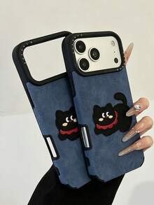1pc 3D Embroidered Cute Cat Korean Ins Style Phone Case Compatible With Apple 18/17 Pro Max, Premium 16 Pro New 15 Matte Finish 14 13 Pro Unisex Ins Fashion Minimalist - Blue - View 4