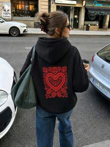 Oversized Women's Sweatshirt For Autumn/Winter, Long-Sleeve Hoodie With Pockets, Casual Top, Y2K Style, Daily Letter Graphic Print, Unisex Black - Black - View 2