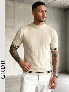 GRDR Men's Crew Neck Simple Ribbed Knit Short Sleeve T-Shirt - Casual Daily Wear - Apricot - View 3