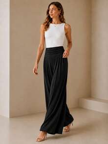 Women's High Waist Pleated Palazzo Pants Solid Black Wide Leg Modal Knit Trousers - Black - View 4