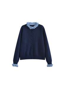 Women's 2 In 1 Knit Cardigan With Frill Trim, Korean Style Short Sweater Jacket Outerwear For Early Autumn - Navy Blue - View 2