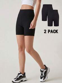 Solid Color 2pcs/Set Cycling Shorts & Yoga Leggings For Tween Girls (AZ143) - Black - View 1