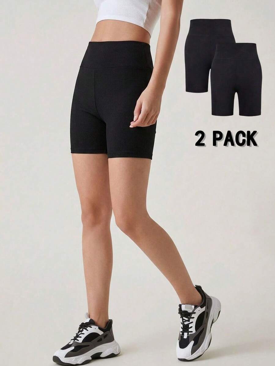 Solid Color 2pcs/Set Cycling Shorts & Yoga Leggings For Tween Girls (AZ143) - Black - View 1