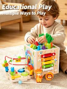 9-In-1 Wooden Multifunctional Activity Cube For Kids, 4-Sided Fun Bead Maze, Includes Fishing Game, Xylophone, Clock Recognition, Shape Matching, Colorful Design, Develops Fine Motor Skills, Enhances Number And Shape Recognition, Multi-Play Sensory Learning, Suitable For Toddlers, Parent-Child Interactive Tabletop Toy, Unisex, Birthday And Holiday Gift For Children - Multicolor - View 5